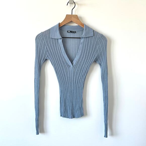 Zara Dusty Blue Ribbed V-Neck Polo Shirt Fitted Long Sleeve Top Size S - Picture 2 of 7